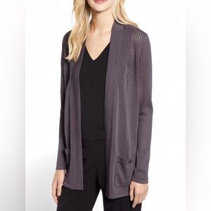 ANNE KLEIN Women's Perforated Mixed-knit Cardigan Sweater Top Size M Dark Gray
